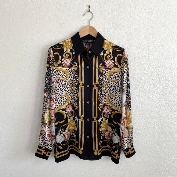 Vtg Linda Allard Ellen Tracy 100% Silk Baroque Floral Leopard Scarf Print Blouse - Picture 1 of 7